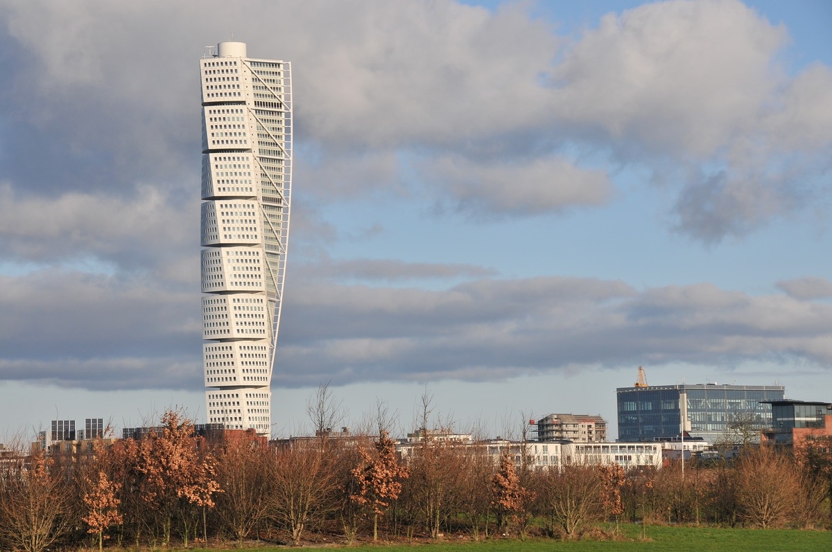 The turning torso building set against the blue sky in Malmo City, Sweden