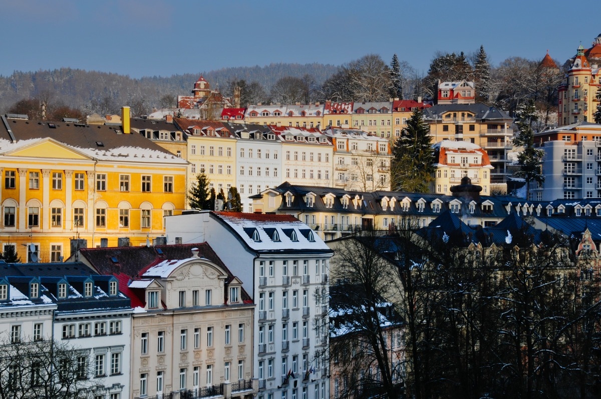 the colorful building of Karlovy Vary in Czech Republic