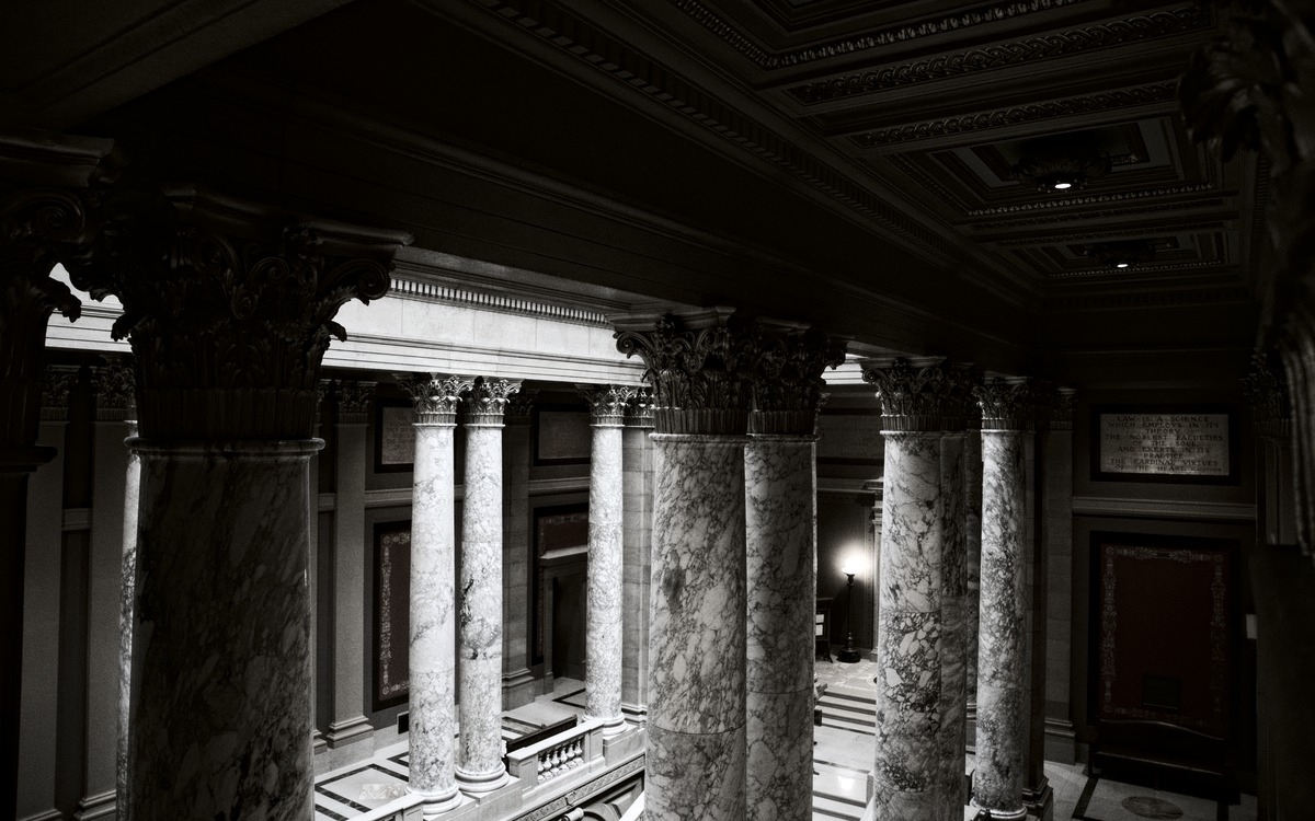 set of pillars flanking the stairwell