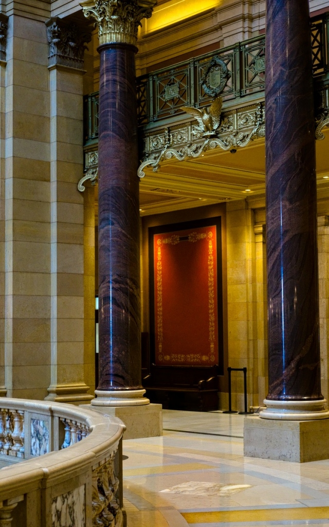 interior shot of two pillars and colorful lighting