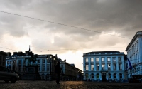 the town square with the rain clouds before the storm