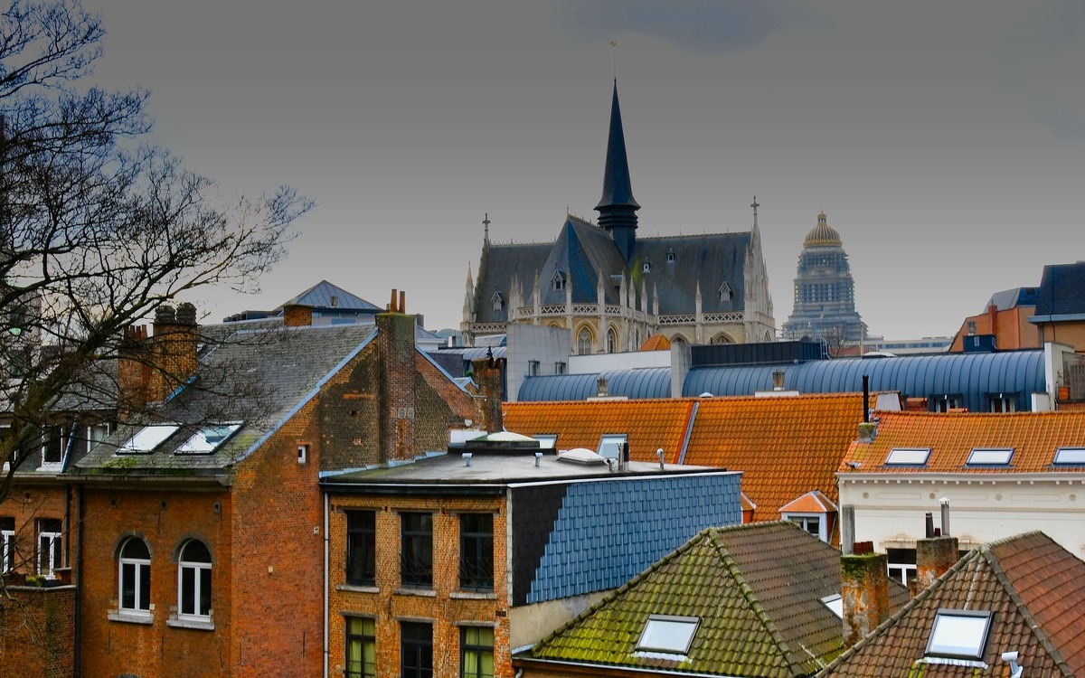 skyline with red and blue roofs with the church in the background