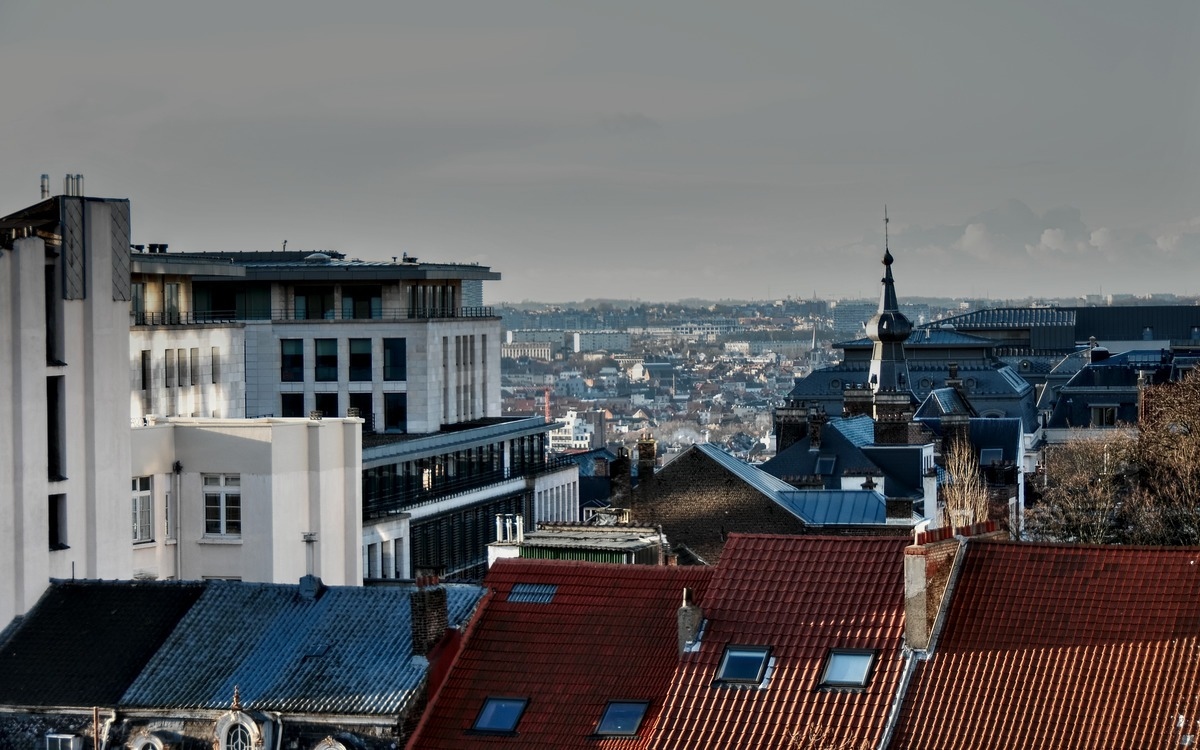 skyline of brussels with red and blue roofs and modern building