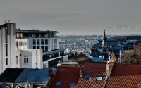 skyline of brussels with red and blue roofs and modern building