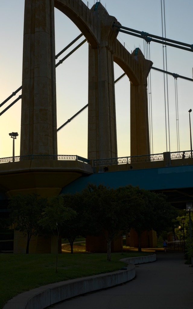 winding pathway under the bridge with trees