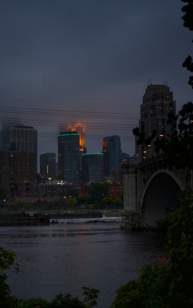 skyline of the city at sundown