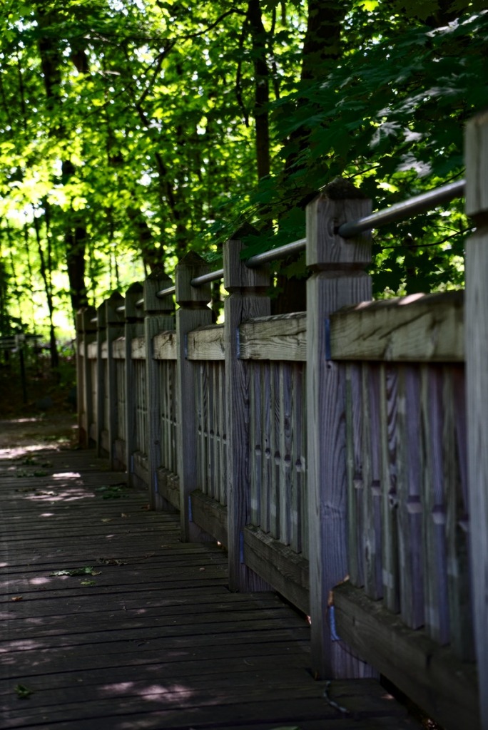 wooden bridge across the stream in the woods